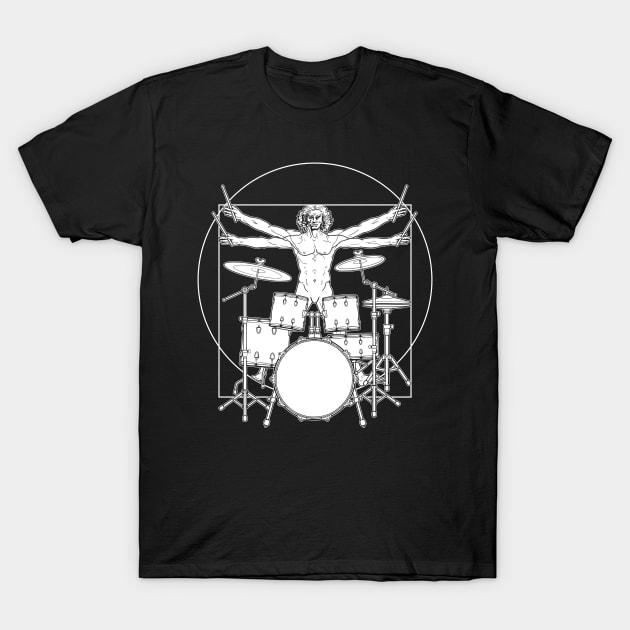 Virtuvian Man Drummer White T-Shirt by sarahwolffie